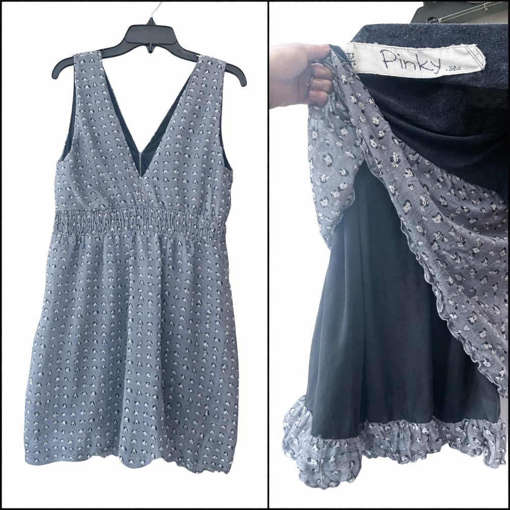 Pinky Novelty Puppy Dog Print Gray Babydoll Dress L Gauzy Fairy Ruffle Hem Indie